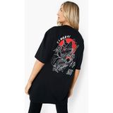 Rock&Roll Kedi Samuray Siyah Kısa Kollu Arka Baskılı Kadın Oversize T-Shirt - M - L