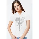 Rock&Roll Melek Nirvana Kapüşonlu Beyaz Kısa Kollu Kadın T-Shirt