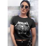 Rock&Roll Metallica Kurukafa Siyah Kısa, Kesik Crop Top Kadın Tişört