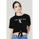 Rock&Roll Uzayda Kaykay Siyah Kesik Crop Top Bağlı Kadın T-Shirt