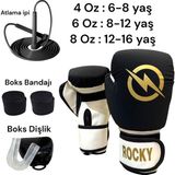 Rocky Çocuk Boks Kicboks Muay Thai Eldiveni 4-6-8 Oz Junior Kidz Boks Eldiveni Atlama Ipi Dişlik ve Bandaj Seti 3,5 M - Siyah - 4 oz