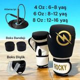 Rocky Çocuk Boks Kicboks Muay Thai Eldiveni 4-6-8 Oz Junior Kidz Boks Eldiveni Atlama Ipi Dişlik ve Bandaj Seti 3,5 M - Siyah - 6 oz