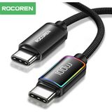 Rocoren 100W Type-C To Type-C Rgb Aydınlatmalı Örgülü Şarj ve Data Kablosu 1 Metre - Siyah