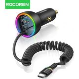 Rocoren 70W 3 Portlu 2*type-C 1*usb-A Spiral Kablolu LED Işıklı Araç Içi Hızlı Şarj Cihazı - Siyah