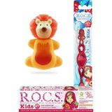 Rocs Kids 4-7 Yaş Ağız Bakım Seti - Ahududu Macun + Kids Fırça kırmızı + ASLAN SAKLAMA KABI