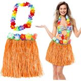 Roisya Hawaii Luau Aloha Turuncu Püsküllü 40 cm Etek ve Hawaii Kolye Seti