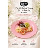 Roll-Up Plastik Kalın Tabak Büyük Boy 26 cm Pembe, şık rengi ve dayanıklı yapısıyla piknik, parti, doğum günü, davet, organizasyon ve özel gün sunumları için ideal kullanım sağlar.
