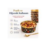 Roll-Up Premium Çiçek Desenli Siyah Aşure Kasesi 6'lı | Yuvarlak Muhallebi Sütlaç Puding Servis Kasesi