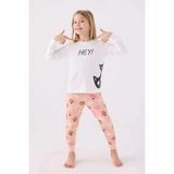 Roly Poly Kız Çocuk Pijama Takımı, Baskılı, Pamuklu, Uzun Kol, Bisiklet Yaka, Bej, 6-7 Yaş