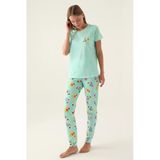 Roly Poly Premium Kadın Bisiklet Yaka Pamuklu Desenli Rahat Kalıp Manşetli Kısa Kollu Pijama Takımı