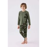 Rolypoly Erkek Çocuk Haki Uzun Kol Pijama Takımı, Dinozor Baskılı,%100 Pamuk, 5-6 Yaş