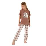 Rolypoly Kız Çocuk Pijama Takımı, Kahverengi, Kısa Kollu, Ekose Desenli, 9-10 Yaş