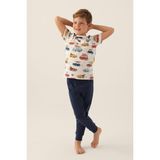 RolyPoly Roly Poly Premium Erkek Çocuk Araba Desenli Rahat Kesim Pamuklu Kısa Kollu Pijama Takımı - Krem - 7 - 8 Yaş