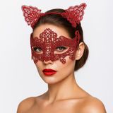 Romantik Kırmızı Dantel Maske Seti – Kedi Kulaklı Taç ve Maske 3 No (4604)