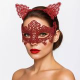 Romantik Kırmızı Dantel Maske Seti – Kedi Kulaklı Taç Ve Maske 3 No (5067)