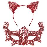 Romantik Kırmızı Dantel Maske Seti – Kedi Kulaklı Taç Ve Maske 3 No (5224)
