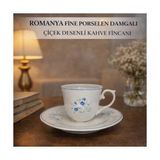 Romanya Fıne Porselen Damgalı Çiçek Desenli Kahve Fincanı | 60 ml - Beyaz - Açık Mavi