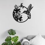 ROMIA Metal Duvar Sanatı Dekoru, Sinek Kuşu ve Çiçek Tasarımı, Yuvarlak Siyah Duvar Heykeli, 24" Çap (14"X13"/35X33CM)