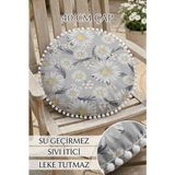 Rona Home Yuvarlak Bahçe Minderi 40 cm Papatya Desenli Ponponlu Su Geçirmez Leke Tutmaz Balkon Minderi - Gri