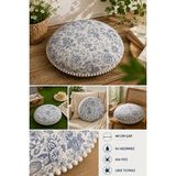 Rona Home Yuvarlak Minder 40 cm Çap Çiçekli Dekoratif Puf Minder Su Geçirmez Sıvı Itici Leke Tutmaz Ev Dekoru - Mavi - Beyaz