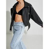 Ronada Wuwei Siyah Crop Oversize Deri Ceket - L
