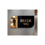 Ronson Erkek WC Kapı Tabelası | Kişiselleştirilebilir Siyah Pleksi Üzerine Gold Aynalı Pleksi Simgeli Yönlendirme Levhası 20x10 cm
