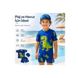 rony pony kids Erkek Çocuk Dinozor Desenli Mayo Takımı 3 Parça UV Korumalı Tişört Şort Bone Mavi