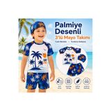 rony pony kids Erkek Çocuk Palmiye Desenli 3’lü Mayo Takımı Tişört Şort Bone Set