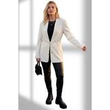 Room 8 Kadın Ceket - Ekru Beli Ip Bağlamalı Şal Yaka Uzun Blazer Ceket - XL - Beyaz