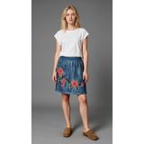 Room 8 Kadın Mavi Çiçek Nakışlı Beli Lastikli Mini Kot Etek - Taş/boncuk Işlemeli Denim Etek - XL - 2XL
