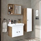 Roomart Ada Lavabolu Banyo Alt Dolabı + Banyo Üst Dolabı + Banyo Boy Dolabı - Atlantik Çam - Beyaz
