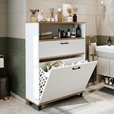 Roomart Çamaşır Sepetli Banyo Dolabı, Çok Amaçlı Çekmeceli Dolap 90 Cm Atlantik Çam - Beyaz