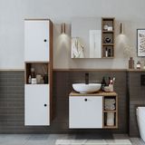 Roomart Lavabolu Mdf 65 cm Lotus Çekmeceli Banyo Dolabı + Aynalı Üst Dolabı + Banyo Boy Dolabı - Atlantik Çam - Beyaz