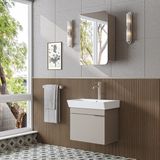 Roomart Likya Lavabolu Banyo Dolabı Takımı, Mdflam Tek Kapaklı Lavabolu 59 cm Banyo Alt Dolabı + Üst Dolabı - Kum Taşı
