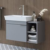 Roomart Likya Tek Kapaklı Açık Raflı Lavabolu 82 Cm Banyo Dolabı Alt, Lavabolu Alt Banyo Dolabı Kül Gri Beyaz