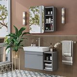 Roomart Likya Tek Kapaklı Lavabolu 82 Cm Banyo Alt Dolabı + Üst Dolabı, Lavabolu Mdflam Banyo Dolabı Takımı Kül Gri