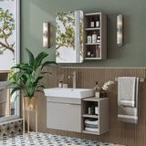 Roomart Likya Tek Kapaklı Lavabolu 82 cm Banyo Alt Dolabı + Üst Dolabı, Lavabolu Mdflam Banyo Dolabı Takımı - Kum Taşı