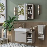 Roomart Likya Tek Kapaklı Lavabolu 82 Cm Banyo Alt Dolabı + Üst Dolabı, Lavabolu Mdflam Banyo Dolabı Takımı Kumtaşi Beyaz