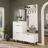 Roomart Nord Vestiyer Takımı Lambri Askılıklı, Ayakkabılık Dolabı, Kapaklı Bench, Modüler, Dikdörtgen Oval Aynalı Portmanto Takımı - Beyaz