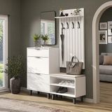 Roomart Nord Vestiyer Takımı Lambri Askılıklı, Kapaksız Bench, Ayakkabılık, Modüler, Dikdörtgen Oval Aynalı Portmanto Takımı - Beyaz