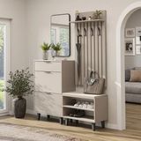 Roomart Nord Vestiyer Takımı Lambri Askılıklı, Kapaksız Bench, Ayakkabılık, Modüler, Dikdörtgen Oval Aynalı Portmanto Takımı - Kumtaşı