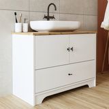 Roomart Oval Lavabolu Mat Beyaz 100 cm Ayaklı Çekmeceli Banyo Dolabı MDF Modern Tasarım 2 Kapaklı