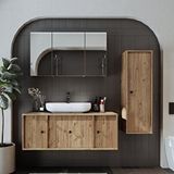 Roomart Oval Lavabolu Mat Mdf 120 Cm Çekmeceli Banyo Dolabı + Aynalı Üst Dolabı + Boy Dolabı Çam