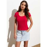 Rooted Kadın Havuz Yaka T-Shirt & Bluz , Likralı Fitilli Kaşkorse Kumaş - Kırmızı - XL