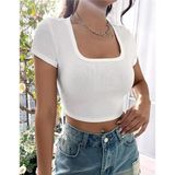 Rooted Kadın Kare & Havuz Yaka Crop T-Shirt ,likralı Fitilli Kaşkorse Kumaş - Beyaz - XS