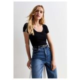 Rooted Kadın Siyah Kare Yaka T-shirt & Bluz , Likralı Fitilli Kaşkorse Kumaş