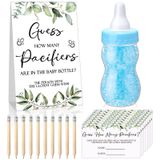 Roowest Baby Shower Games Guess How many Pacifiers Sign Greenery Game Sign 100 Küçük Tahmin Oyunları 10 HB Kalem 750 ml Süt Şişesi 400 Akrilik Bebek Emzikleri Parti için Plastik Emzikler (Mavi)