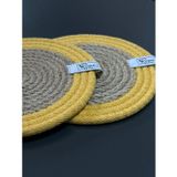 Rope Decor Hasır Bardak Altlığı 2 Adet 14Cm - Sarı Şeritli Jüt Mum Altlığı Kahve Sunum Seti Kupa Altlığı