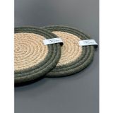 Rope Decor Hasır Bardak Altlığı 2 Adet 14Cm - Yeşil Şeritli Jüt Mum Altlığı Kahve Sunum Seti Kupa Altlığı