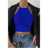 ROSAMİNA Kadın Saks Mavi Kaşkorse Arkadan Bağlamalı Kemerli Crop Top Bluz